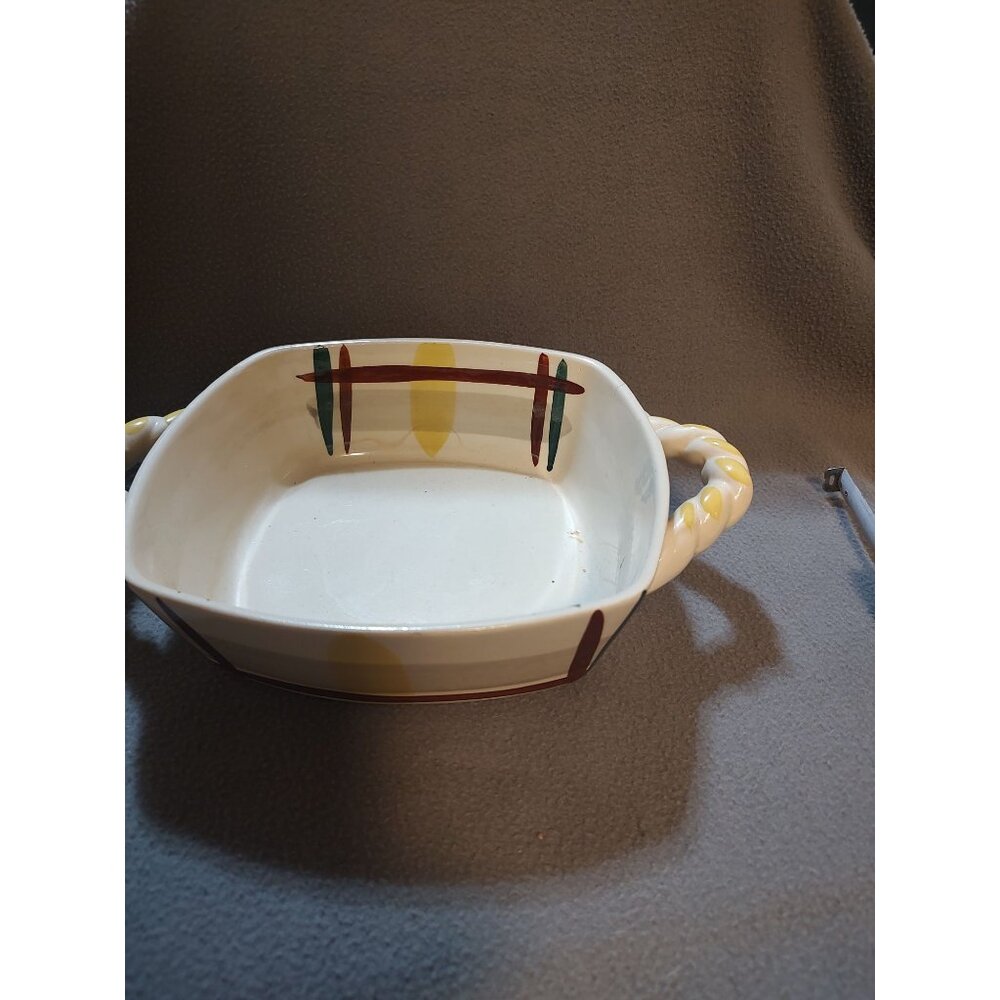 Vintage Blair Hand-Decorated Ceramic Dish With Twisted Handles & Abstract Yellow